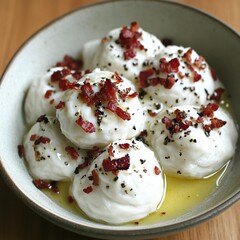 Fototapeta premium Scrumptious Ricotta Balls with Crispy Bacon Topping in Olive Oil Garnished with Black Pepper Recipe for Breakfast Brunch Savory Cheese Appetizer