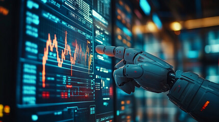 Robotic hand interacting with digital data on a futuristic interface in a technology lab