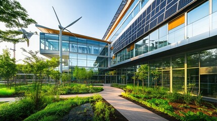 A modern urban building with solar-powered glass walls and wind turbines built into its structure. 