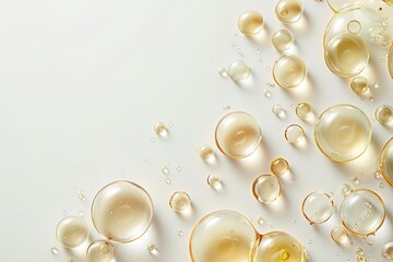 Fototapeta premium An extremely close-up of oil bubbles floating over a plain white background with text or background space available, Generative AI.