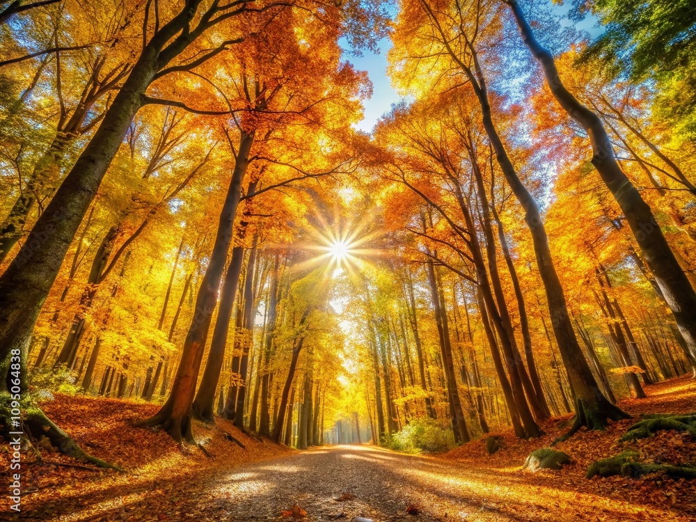 Aufkleber panoramic view of a serene autumn forest path with vibrant yellow and orange leaves illuminated by s