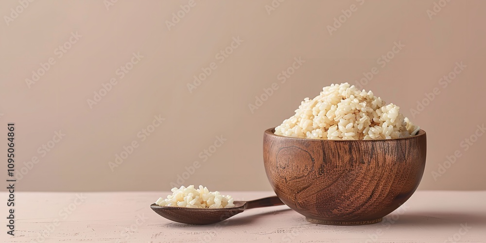 Poster an aerial view of a bowl of arroz doce with a large copy area for background use on a tidy light bro