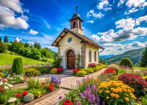 Panoramic View of a Serene Chapel Dedicated to Saint Judas Tadeo Surrounded by Lush Greenery and Vibrant Flowers Under a Clear Blue Sky