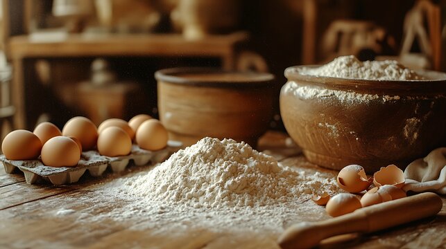 A close-up flat lay of flour, sugar, eggs, and rolling pins on a textured wooden surface, with flour-dusted tools and warm ambient light creating a nostalgic baking scene, hd quality, artisan feel.