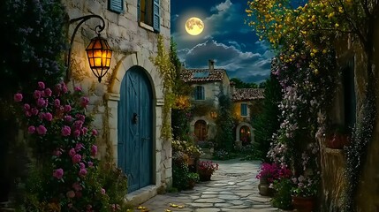 Moonlit Courtyard with Stone Buildings, Flowers, and a Lantern