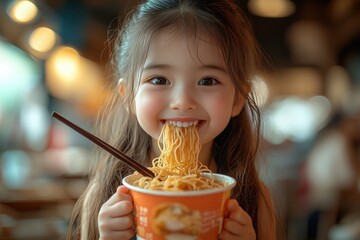 Asian child little girl eat noodle in the cup by the chopsticks. Kid having breakfast at the morning with a happy smiling face