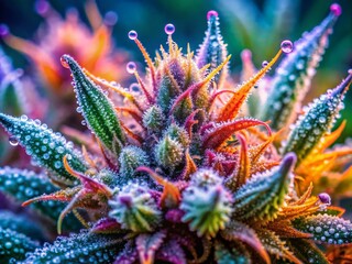 Obraz premium Panoramic View of Cannabis Trichomes Under Microscope: Detailed Close-Up of Crystal-Like Structures and Rich Texture Revealing the Beauty of Nature's Botanicals