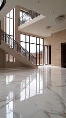 Obraz premium a modern house with w white marble floor in a large house with double-height ceilings and stairs, beige brick walls, iron railings, and wet spots on the floor from water drops