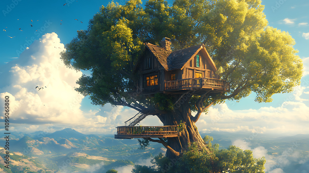 Poster a whimsical treehouse nestled in a large tree, surrounded by mountains and clouds.