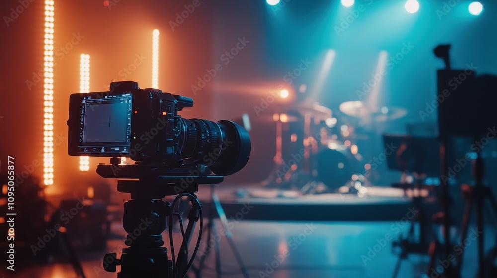 Poster camera set up in a studio for recording a music performance with drum set in the background.