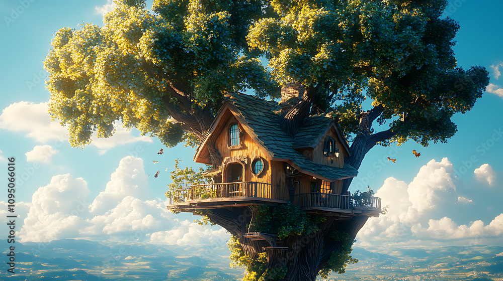 Poster a whimsical treehouse nestled in a large tree, surrounded by clouds and a scenic landscape.