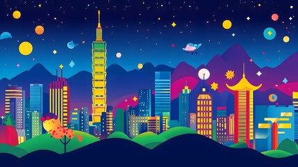 Fototapeta premium A vibrant illustration of the night view of Taiwan's skyline, including the incredibly tall buildings that soar over the mountains and sea