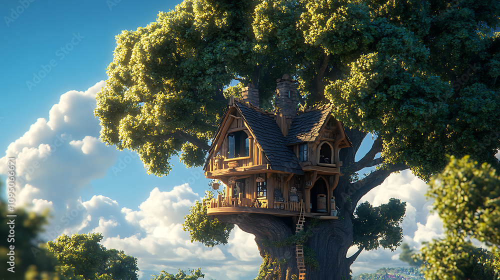 Poster a whimsical treehouse nestled in a large tree under a bright sky.