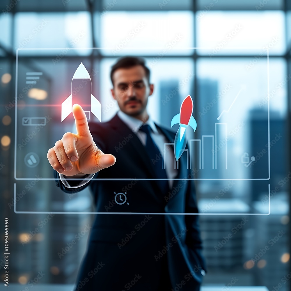 Poster dynamic businessman interacting with digital virtual screen for rocket launch investment growth plan