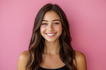 Fototapeta premium A smiling woman with long brown hair looking directly at the camera
