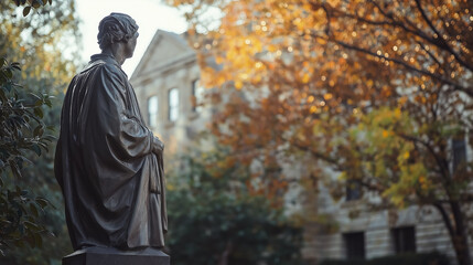 Naklejka premium Single statue with campus building visible behind - Bright and clear