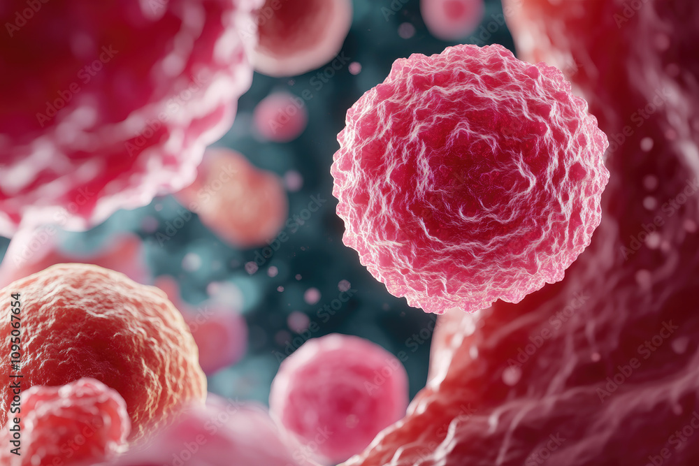 Poster vibrant cellular interaction in a dynamic microscopic ecosystem, showcasing the intricate behaviors 