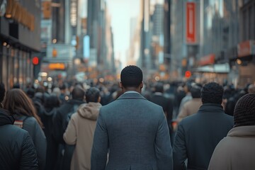 Obraz premium Dark-haired Man Walking Busy City Street Rush Hour