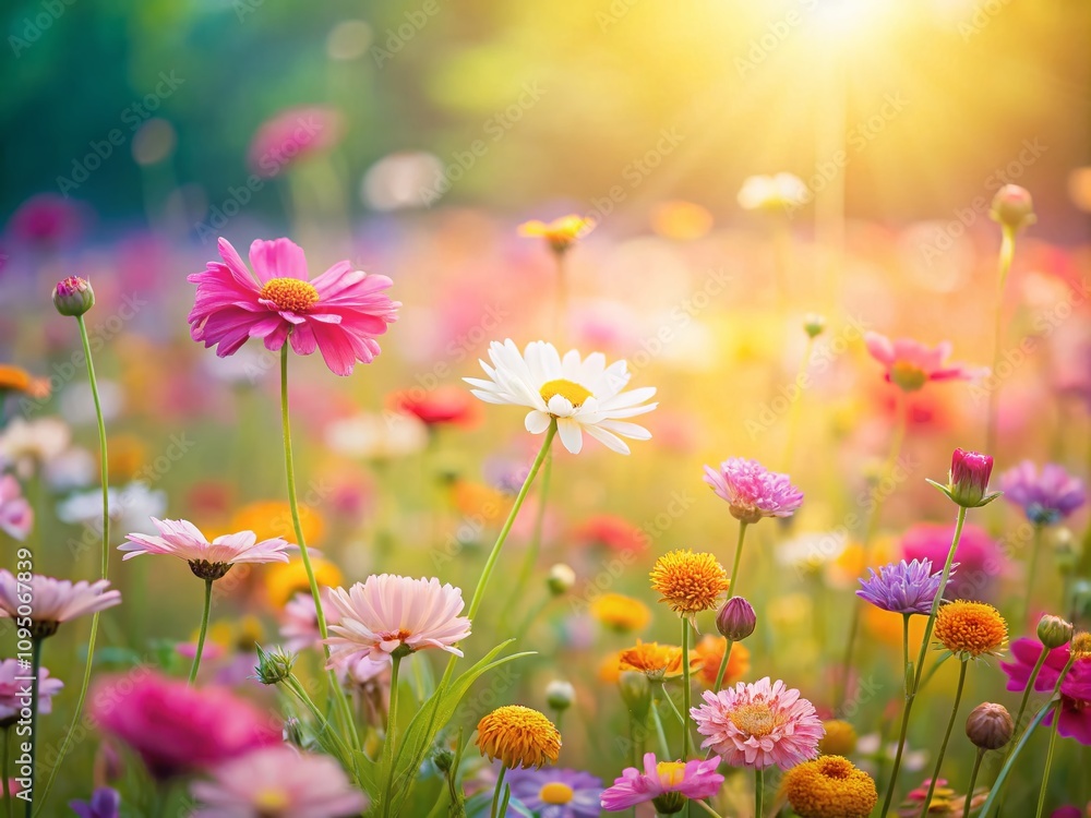 Poster pastel colored flower meadow with soft focus background and copyspace for text overlay, perfect for 