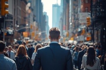 Dark-haired Man Walking Sunlit Metropolitan Street