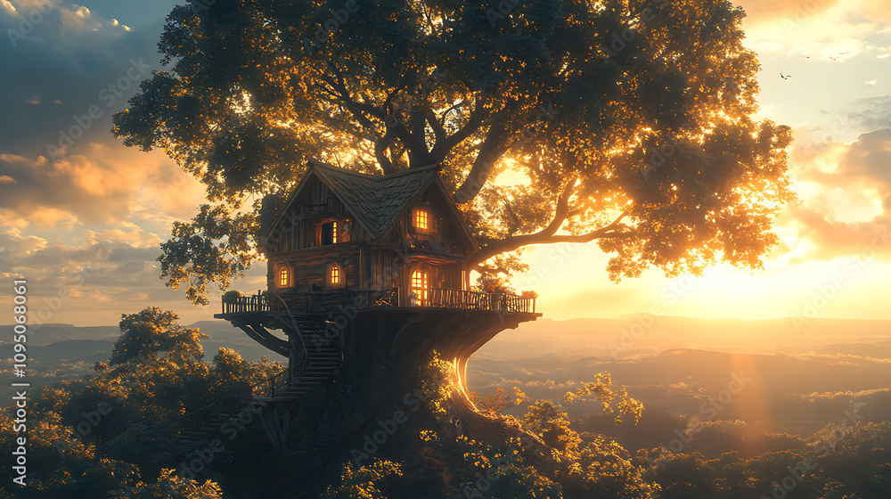 Poster a whimsical treehouse nestled in a large tree, illuminated by sunset.