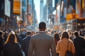 Obraz premium Dark-Haired Man, Back View, Rush Hour City Crowd