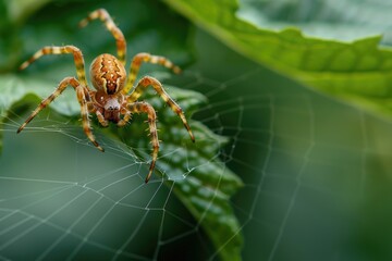 A spider sits on top of a green leaf, showcasing its eight legs and body