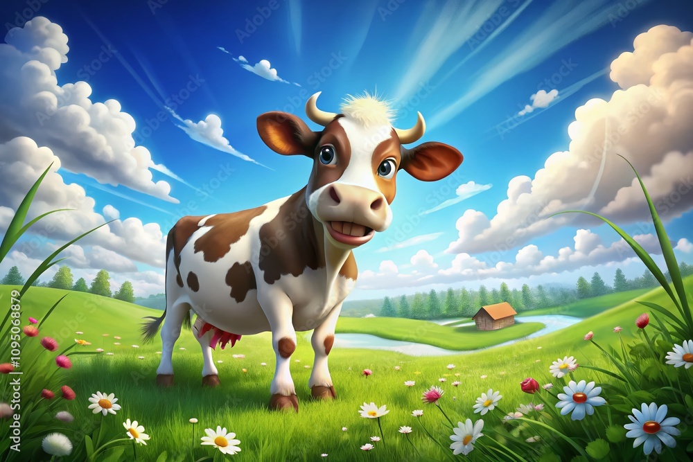 Poster playful cow animation in a pastoral setting with open space ideal for text overlay, capturing the es