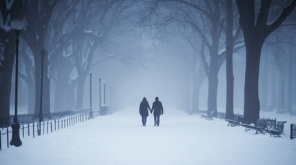 Couple Walking Through Snowy Foggy Park Path
