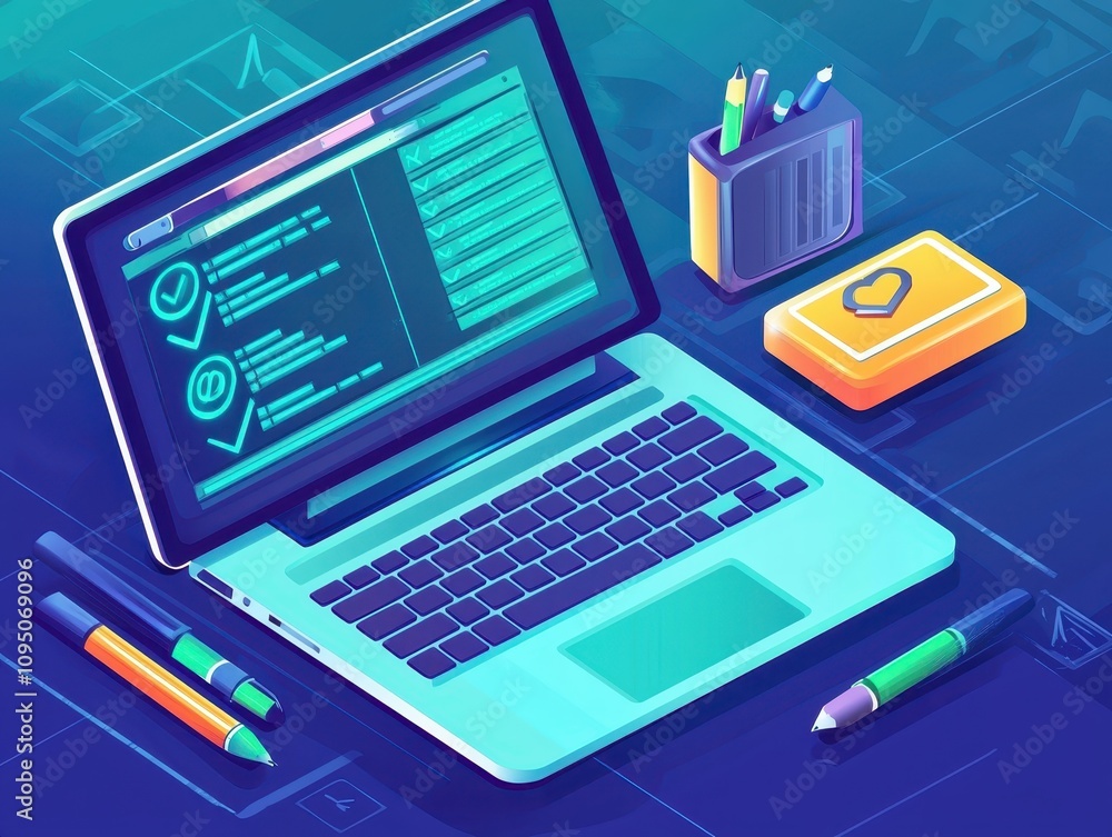 Poster a vibrant illustrated workspace featuring a laptop displaying code, stationery, and a container, emp