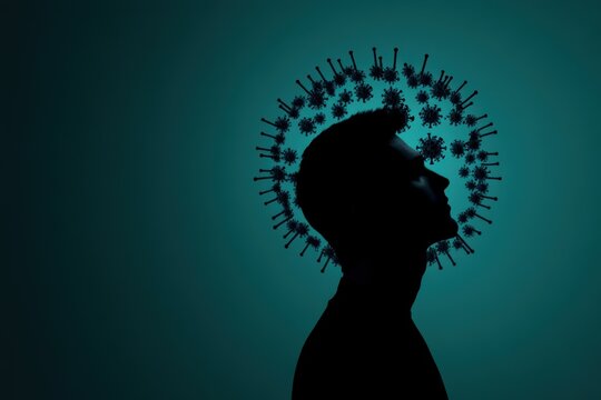 immune system defense, a man surrounded by a halo of bacteria and viruses on a dark background symbolizing the immune system