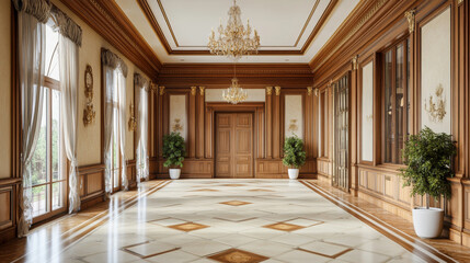 "Wooden-decorated corridor with an entrance hall. 3D rendering."






