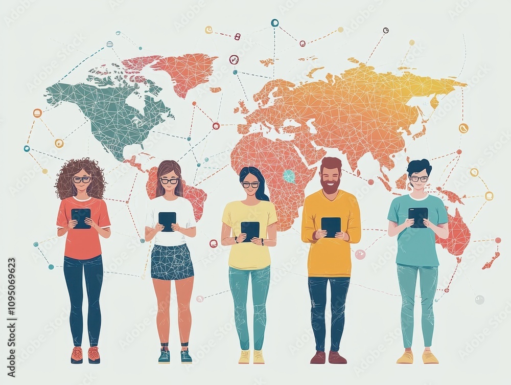 Poster a diverse group of people using tablets in front of a world map, symbolizing global connectivity and