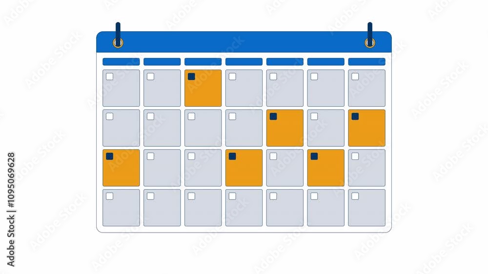 Poster monthly calendar page with saved dates 2d object animation. office supply for time management cartoo