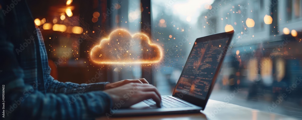 Poster a person works on a laptop with a glowing cloud symbol, representing cloud computing and digital con