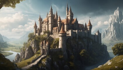 Majestic castle perched on a rocky hill, surrounded by lush greenery and a winding river under a dramatic sky at sunset