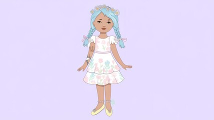 Character Design with Light Blue Braids and Floral Dress Generative AI

