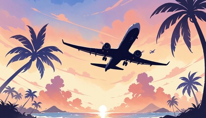 Romantic sunset over tropical islands with airplane silhouetted against colorful sky