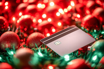 Blank credit card on top of Christmas balls and lights