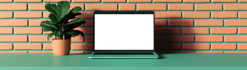 Fototapeta premium Modern workspace with a laptop, plant, and colorful brick wall backdrop.