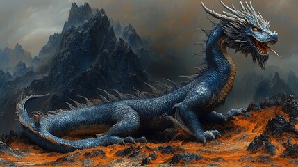 Majestic blue dragon perched on rocky terrain, overlooking a dramatic mountain range.