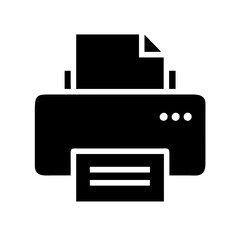 Minimalist black flat printer icon featuring a clean and modern design. The icon showcases a simplified silhouette of a printer, suitable for digital applications, websites, mobile a