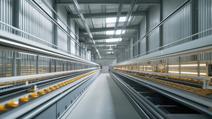 Obraz premium A spacious, modern industrial facility featuring long aisles and overhead lighting, suited for production or agriculture.