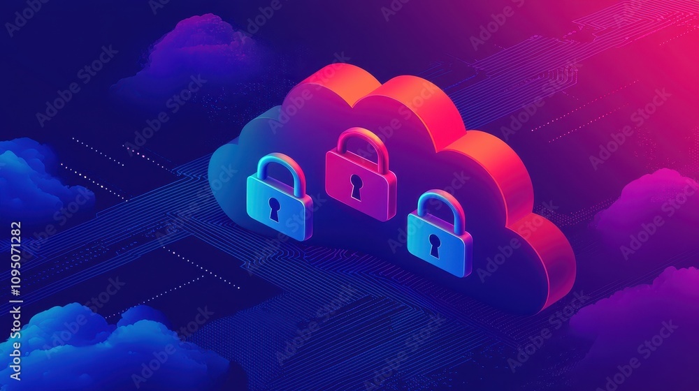Poster a vibrant digital illustration of three cloud icons with security locks, symbolizing data protection