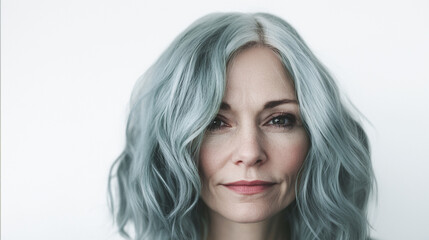 Naklejka premium Woman with creative blue tones coloring hair. Bright color hair , professional. Hair Trend.