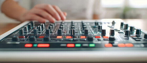 Close-up of a DJ mixer console with colorful buttons and professional equipment.