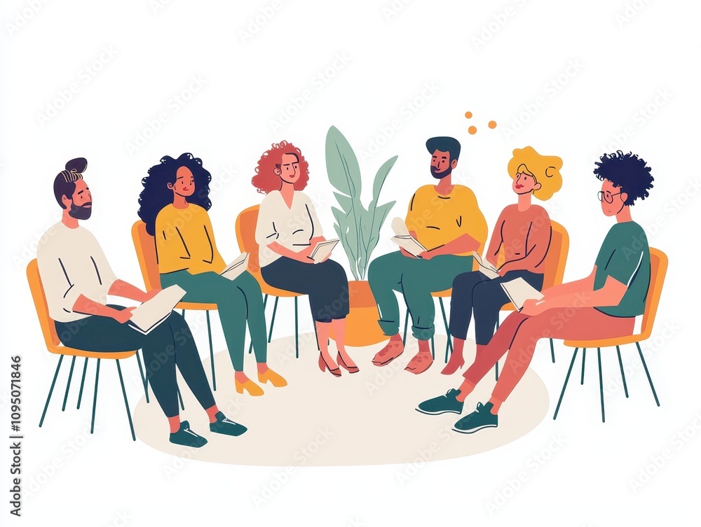 Poster a diverse group of people engaged in a discussion while seated in a circle, promoting teamwork and c