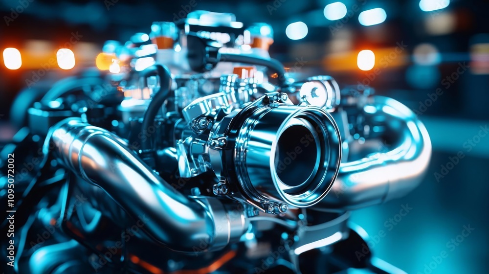 Poster close-up of a high-performance engine with chrome detailing and advanced features.