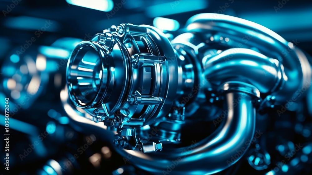 Poster close-up view of a shiny, intricate turbine engine component in vivid blue light.