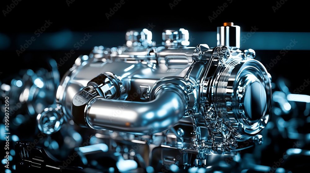 Poster high-resolution metallic engine part with intricate details on a reflective surface.